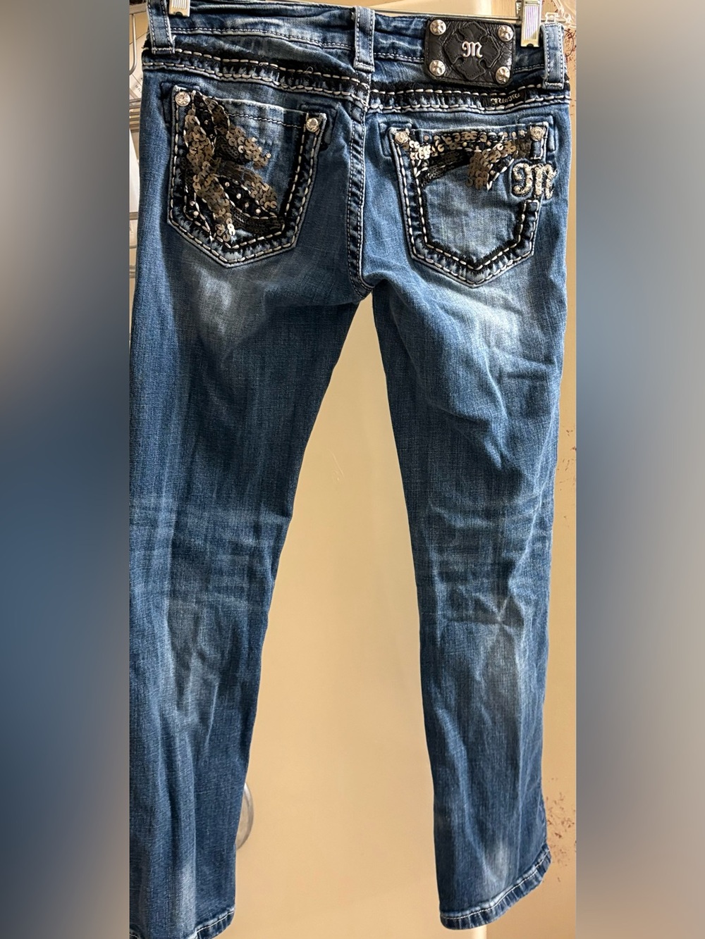 Miss Me Blue Straight Leg Jeans with Sequin Pocket Accents